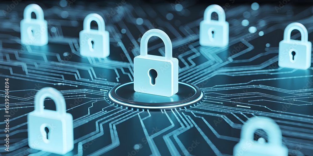 Poster digital security concept with padlocks on a circuit board background representing data protection cy