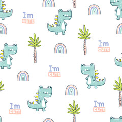 Cute dinosaurs seamless pattern with palm tree and rainbow. Vector illustration for textile, bedding, apparel, print, wrapping paper, clothing, background and others
