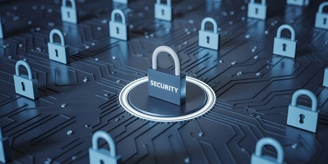 Cybersecurity concept with padlocks on a circuit board background illustrating digital protection and data privacy in the modern technological landscape ensuring online safety