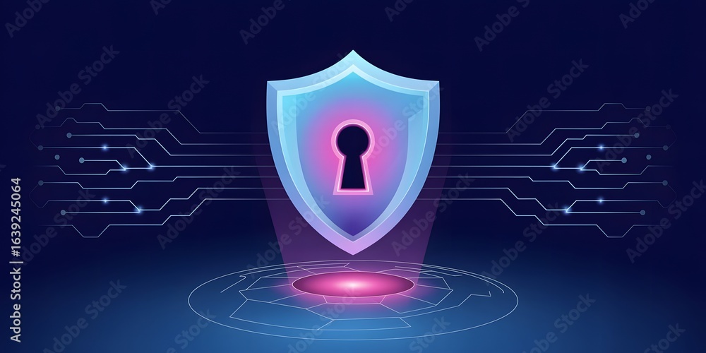 Poster futuristic cyber security shield with keyhole icon digital protection concept with glowing elements 