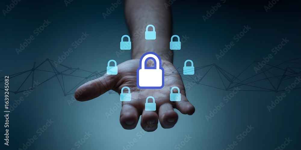 Poster hand holding digital padlock icons representing cybersecurity data protection and privacy with a net