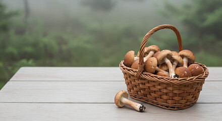 Minimalist muted realism of wicker basket with foraged wild mushrooms in muted beige tones on pale wooden table, rustic natural vibe, outdoor morning fog, top-down 45° with negative space