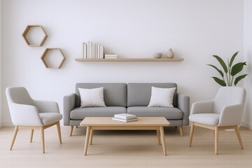 Modern Living Room Interior with Gray Sofa, Armchairs, Coffee Table, and Minimalist Shelving
