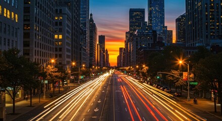 Obraz premium City street with light trails at sunset