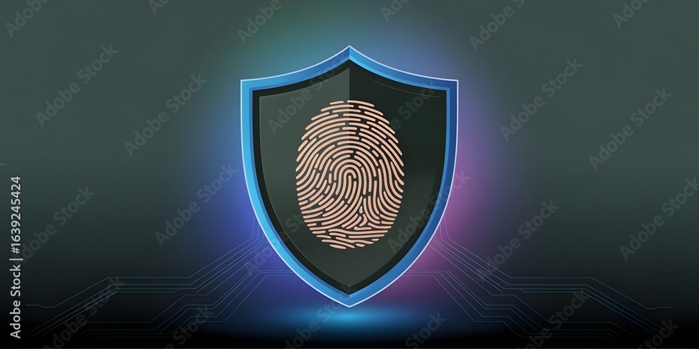 Poster fingerprint on shield icon for security and protection digital identity verification biometric authe