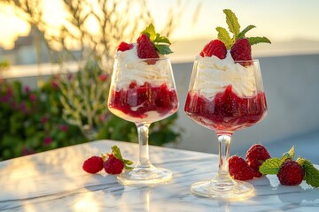 Raspberry dessert in elegant glass cups.