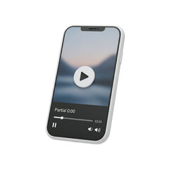 Modern smartphone displaying a video player interface isolated on transparent background