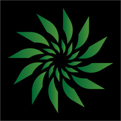 A radiant green spiral of leaf-like shapes unfurls from the center, forming a dynamic, nature-inspired pattern with harmonious symmetry and depth.