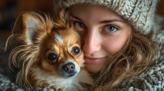 A young woman gently pets her senior chihuahua dog in a cozy indoor setting, reflecting a moment of loving care and companionship.