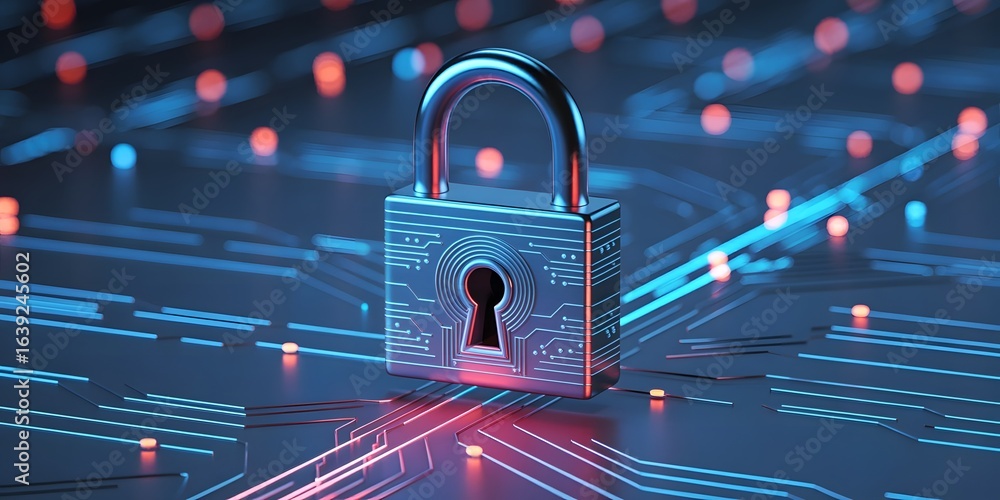 Poster cyber security concept with padlock and circuit board design digital data protection and encryption 