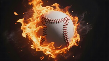 A baseball engulfed in flames against a dark background
