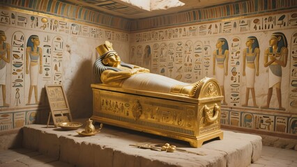 Golden sarcophagus in an ancient Egyptian tomb adorned with hieroglyphics and figures.