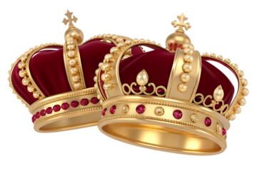 Royal gold red jeweled crowns isolated on a transparent background image