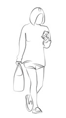 One continuous line drawing on white isolated background. Minimalism linear illustration. person, female, lifestyle, mobile phone, walking, communication, city, woman, outdoors, adult