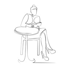 One continuous line drawing on white isolated background. Minimalism linear illustration. cafe, person, woman, table, sitting, reading, female, lifestyle, smiling, adult