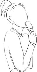 One continuous line drawing on white isolated background. Minimalism linear illustration. child, ice cream, eating, girl, outdoors, person, summer, fun, lifestyle, happy