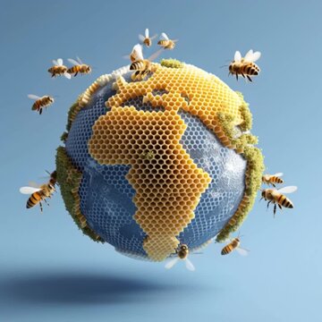 the world in the sky with bees around it