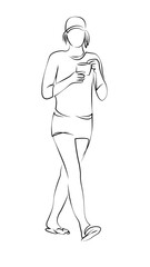 One continuous line drawing on white isolated background. Minimalism linear illustration. person, walking, female, woman, lifestyle, hot drink, urban, outdoors, city, street
