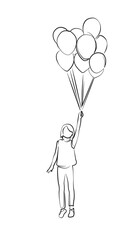 One continuous line drawing on white isolated background. Minimalism linear illustration. child, balloon, person, girl, fun, joy, birthday, childhood, holiday, happy