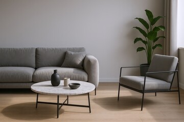 Modern Living Room Interior with Gray Sofa, Armchair, Marble Coffee Table, and Houseplant