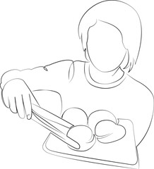 One continuous line drawing on white isolated background. Minimalism linear illustration. food, cookie, kitchen, woman, preparation, cooking, baking, making, lifestyle