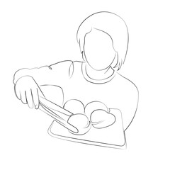 One continuous line drawing on white isolated background. Minimalism linear illustration. food, cookie, kitchen, woman, preparation, cooking, baking, making, lifestyle