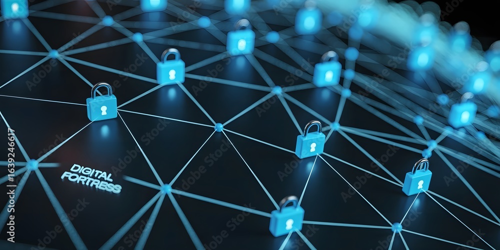 Poster network security concept with padlocks and connected nodes representing data protection cybersecurit