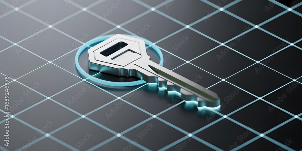 Poster modern metallic key on a digital grid with glowing accents representing cybersecurity data protectio
