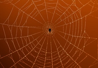 A spider web with a spider in the middle on an orange background for halloween