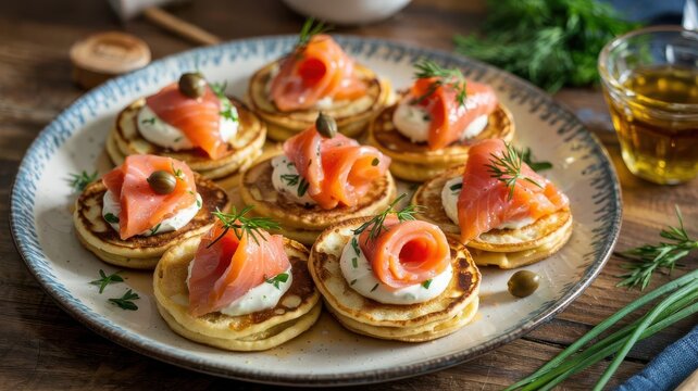 Smoked salmon blinis with cream cheese and capers on decorative ceramic plate with fresh dill garnish photographed on wooden surface