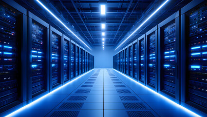 Fototapeta premium Rows of powerful server racks in a futuristic data center, glowing with vibrant blue lights for high-speed network connections.