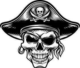 A pirate skull in a captain hat skeleton vintage woodcut style design