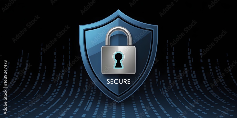 Poster digital security shield with padlock symbolizing data protection and cybersecurity measures on a dar