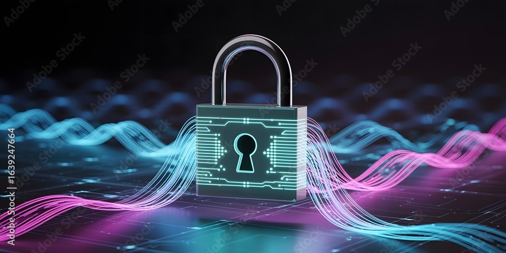 Poster digital padlock with circuit board design and glowing data streams represents cybersecurity and data