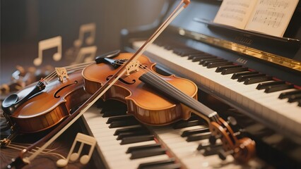 Violins Resting on a Piano with Sheet Music