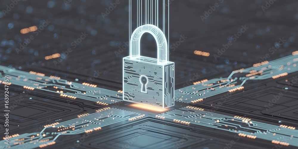 Poster digital security concept with glowing padlock on circuit board illustrating data protection cybersec
