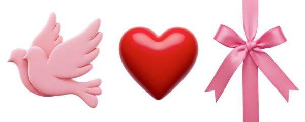 A set of sweet symbols of love, featuring a pink doves, a red heart gift box, and a large pink ribbon bow. This collection is ideal for Valentine's Day, weddings, or romantic announcements.