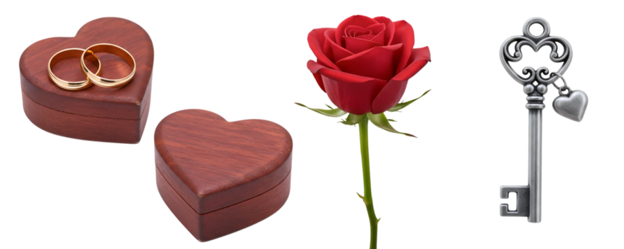 A collection of romantic gifts, including wedding rings in a box, a heart-shaped box, a red rose, and a vintage key. This set is perfect for proposals, anniversaries, or Valentine's Day.