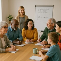 Diverse group of people, including women, men, and a boy, collaborate around a table during a community meeting.