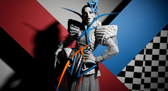 A fashion model in a vibrant, futuristic costume. - Powered by Adobe