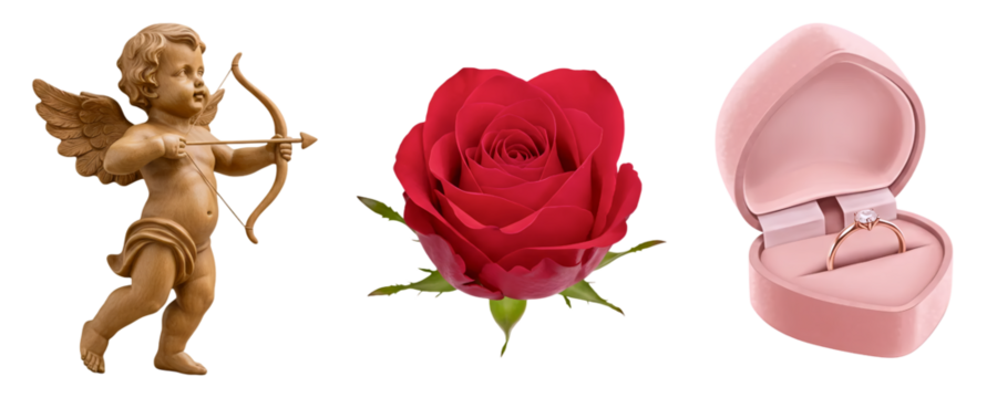 A romantic proposal set featuring a Cupid angel, a single red rose, and an engagement ring in a pink box. This collection is perfect for Valentine's Day, weddings, and declarations of love.