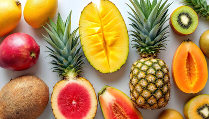 Fresh Tropical Fruits Flat Lay &ndash; Pineapple, Mango, Papaya, Dragon Fruit, and Kiwi on White Background, High-Resolution Studio Photography for Food, Healthy Lifestyle, and Summer Concepts