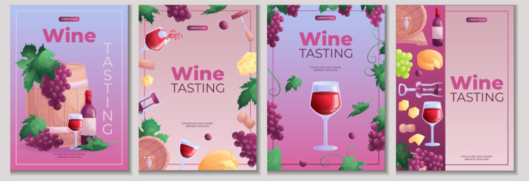 A set of design templates for wine tasting. Wine glass, bottle, grapes, corkscrew, cheese. The concept of a winery, restaurant. Isolated vector illustration of A4 format for posters, banners, posters.
