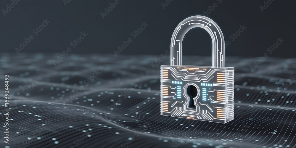 Poster digital security concept with padlock and circuit board pattern on wavy background representing cybe