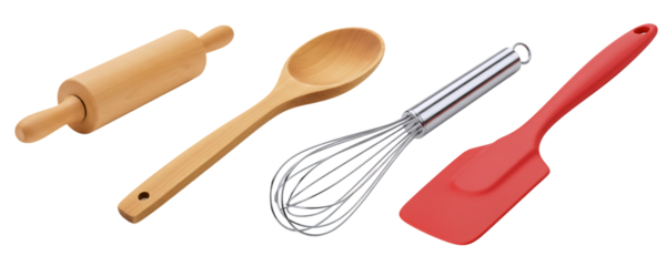 A set of classic baking utensils, featuring a wooden rolling pin, a wooden spoon, a wire whisk, and a red silicone spatula. This collection represents baking, cooking, and preparing dough.