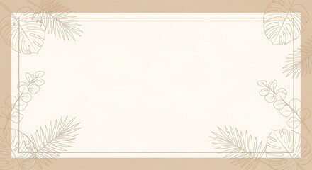 Elegant Minimalist Botanical Line Art Frame with Monstera Palm Eucalyptus Leaves on Muted Beige Background.