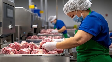 Female meat processing worker in protective gear handling raw beef – food safety and meat industry hygiene concept, USDA inspection