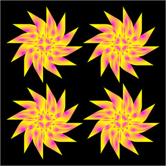 A repeating grid of vivid pink and yellow spiral blooms radiates energy, creating a vibrant, symmetrical pattern reminiscent of stylized sunshine and floral geometry.