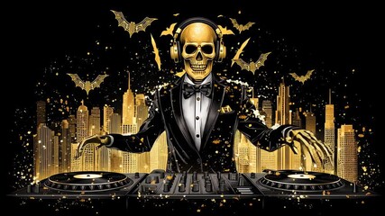 Skeleton DJ with golden tooth and bone performs at vibrant nightlife with a dazzling skyline backdrop. Creative concept for entertainment, Halloween events, music promotions