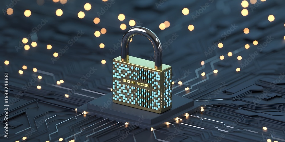 Poster digital padlock with secure access display on a circuit board representing cybersecurity data protec